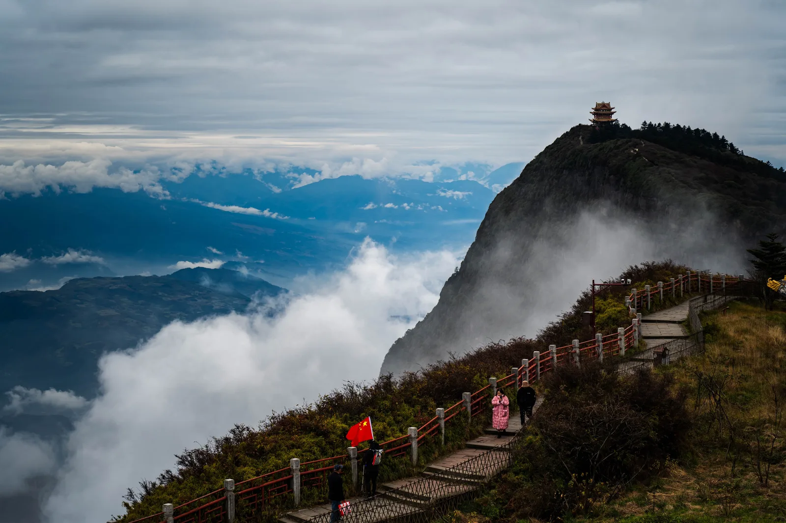Misty forest trail on the slopes of Mount Emei