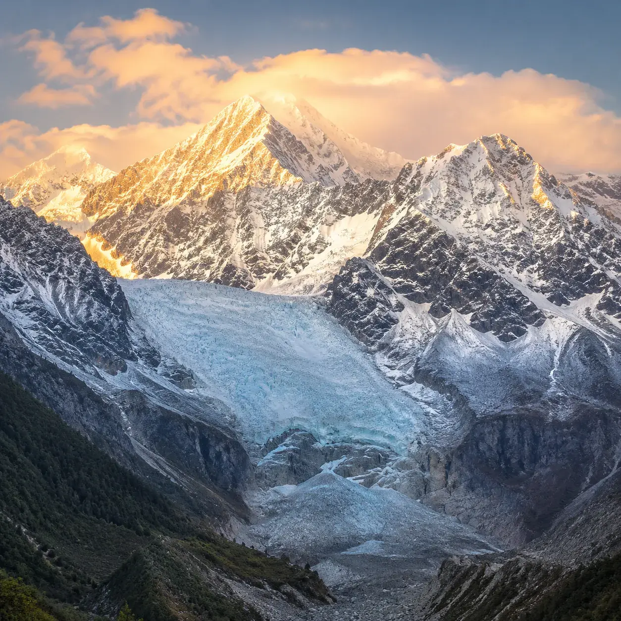 Hailuogou Glacier cascading from Mount Gongga