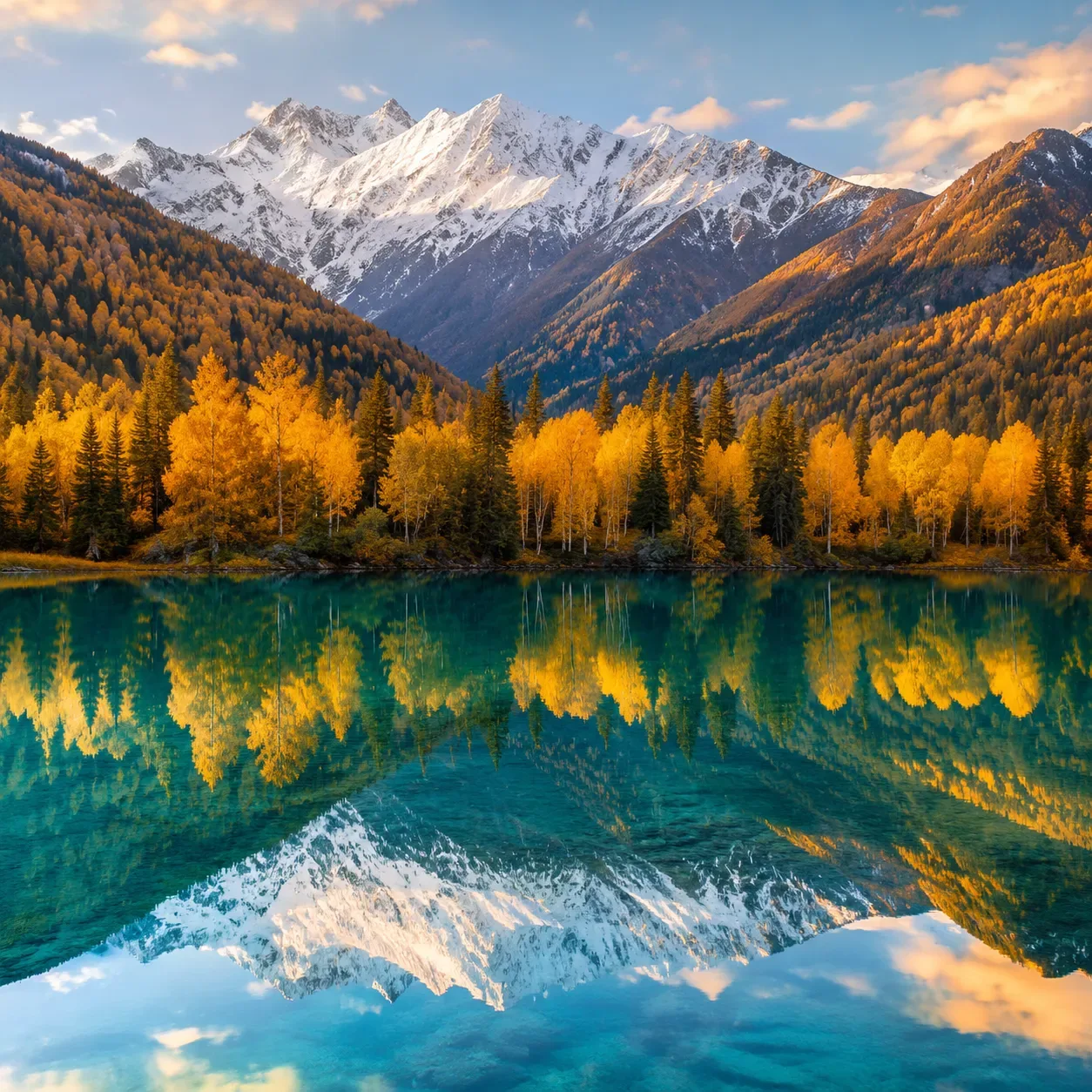 Turquoise Kanas Lake with golden birch forest in autumn
