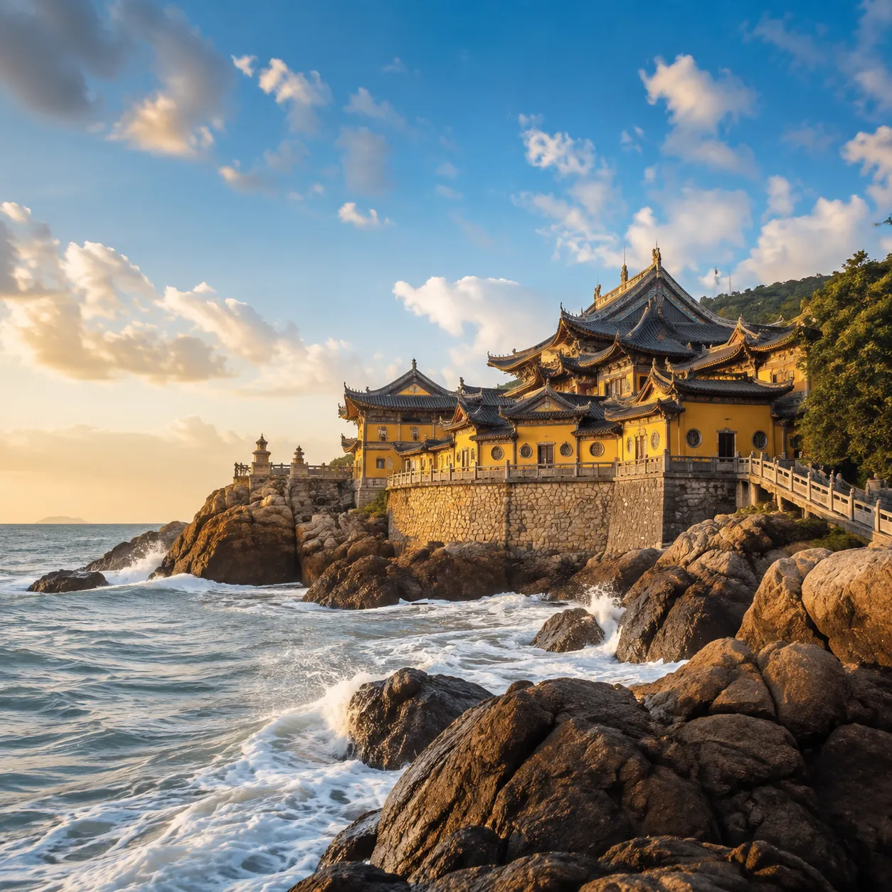 Putuo Island temple with ocean backdrop