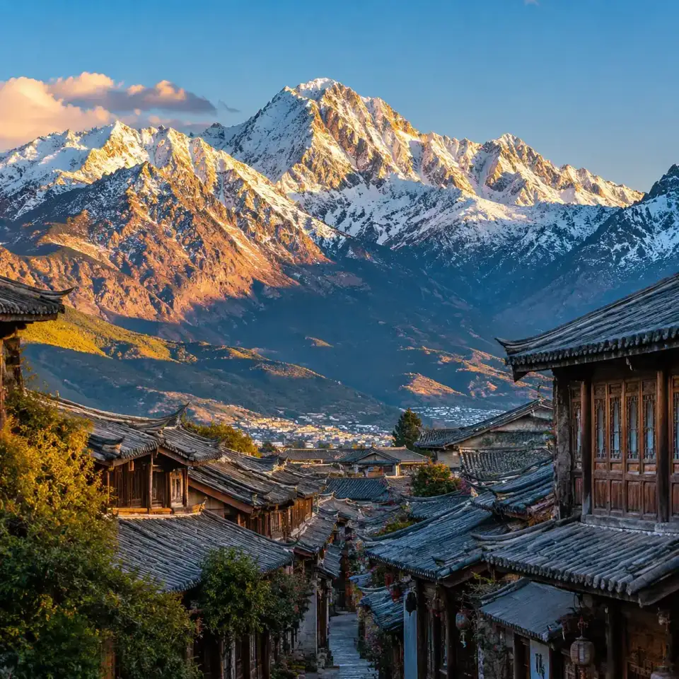 Jade Dragon Snow Mountain towering behind Lijiang Old Town